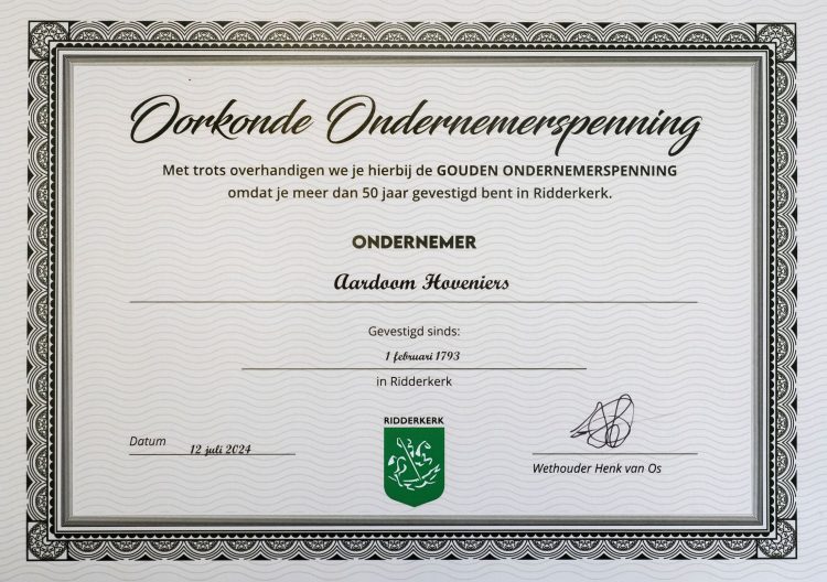 Oorkonde ondernemerspenning RIdderkerk